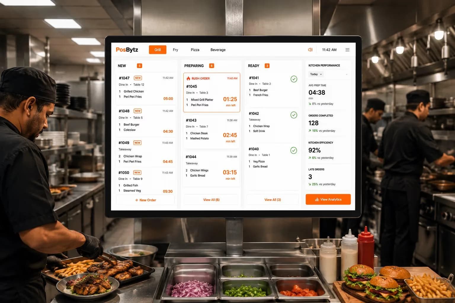 Kitchen Display System with order queue, preparation timers, and status updates